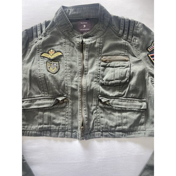 Military Jacket Sz Large Crop Army Green Utility 100% Cotton Zip Pockets Patches - Picture 12 of 15